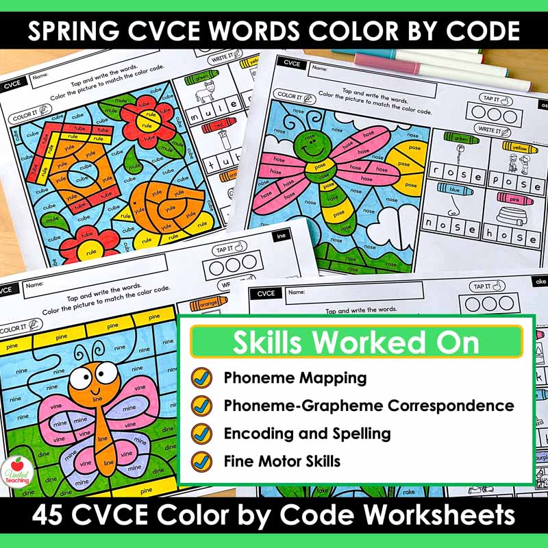Skills covered by the CVCE Color by Code Spring Worksheets