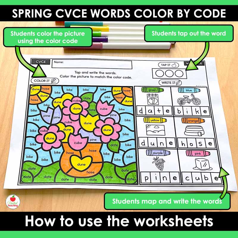 Design features of a CVCE Color by Code Worksheet