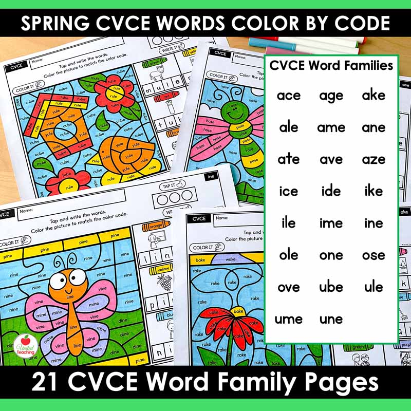 CVCE Word Families covered by the CVCE Color by Code Spring Worksheets