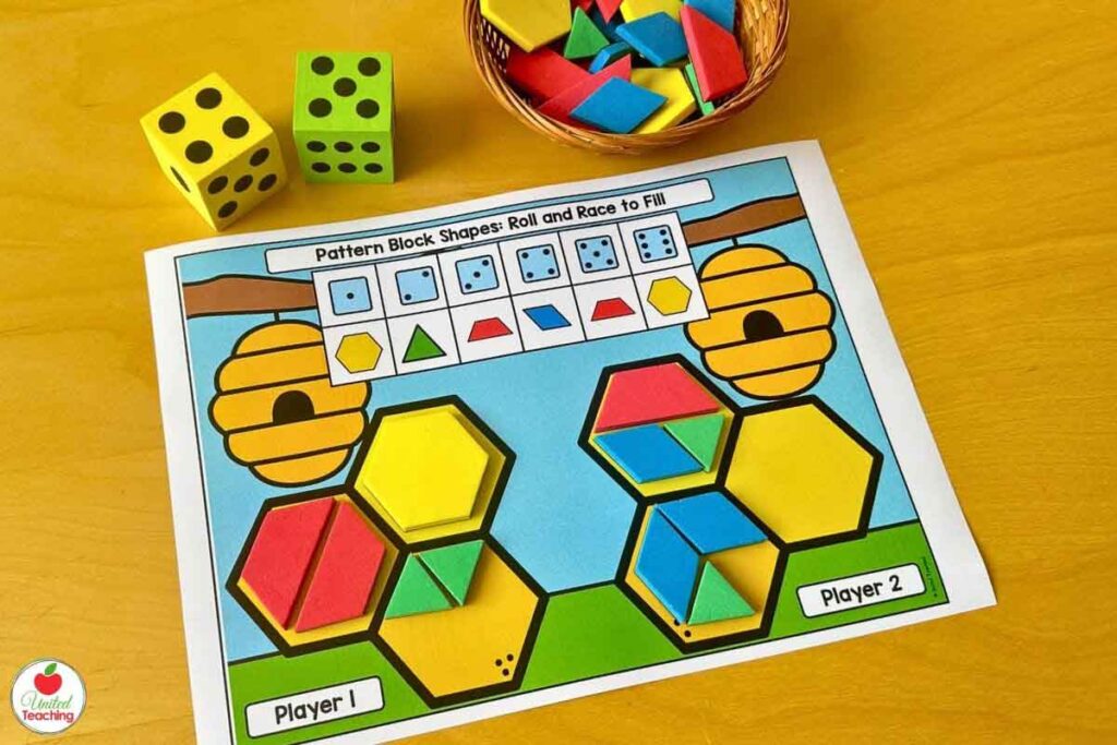 Race to fill a hive pattern block math game for spring math centers in kindergarten