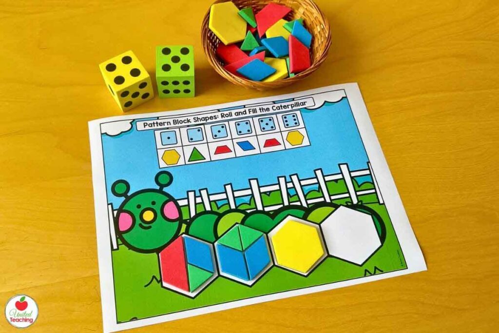 Roll and fill a caterpillar pattern block mat for spring math centers