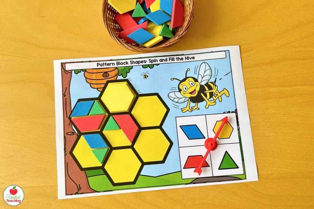 Spin and fill a hive pattern block mat for Spring math centers
