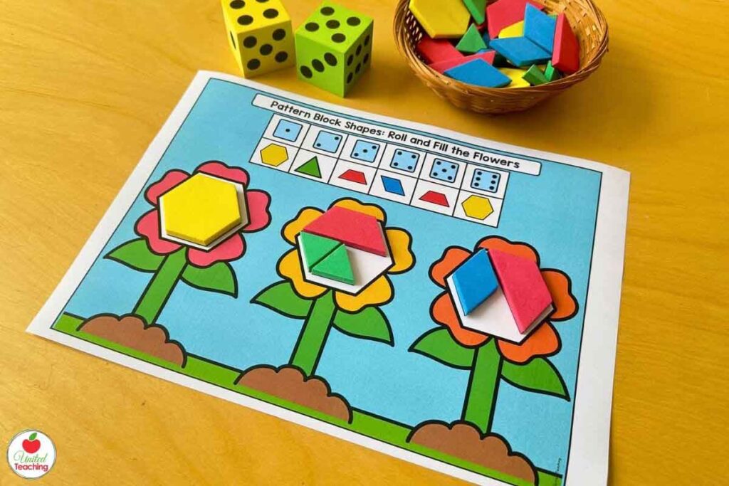 Flower pattern block roll and fill mat for spring math centers