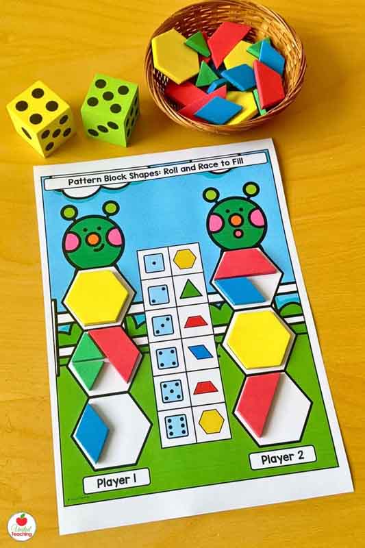 Race to fill a caterpillar pattern block math game for spring math centers