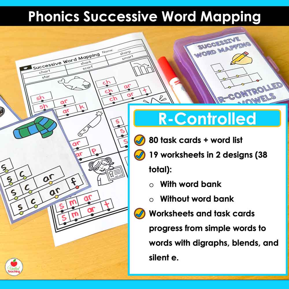 What's included with the R-Controlled Vowels Successive Word Mapping Task Cards and Worksheets