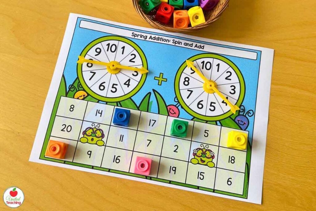 Spring Addition math activity - spin, add the numbers, and cover the sum