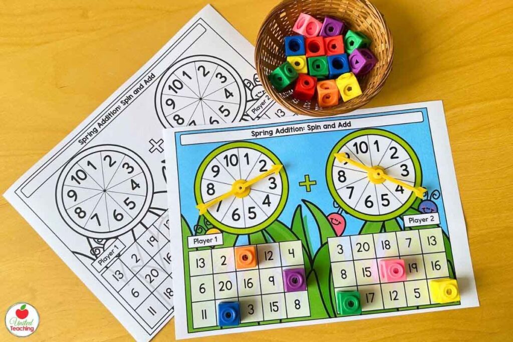 Spring addition math partner game. Students spn, add, and cover the sum.