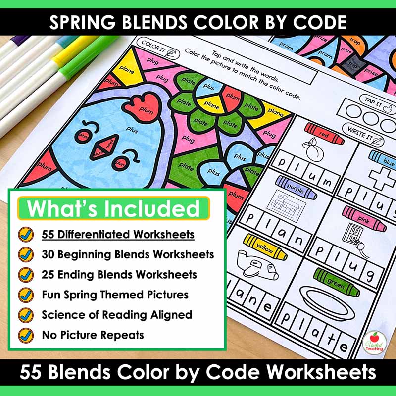 What's included in the Blends Color by Code Spring Worksheets Packet