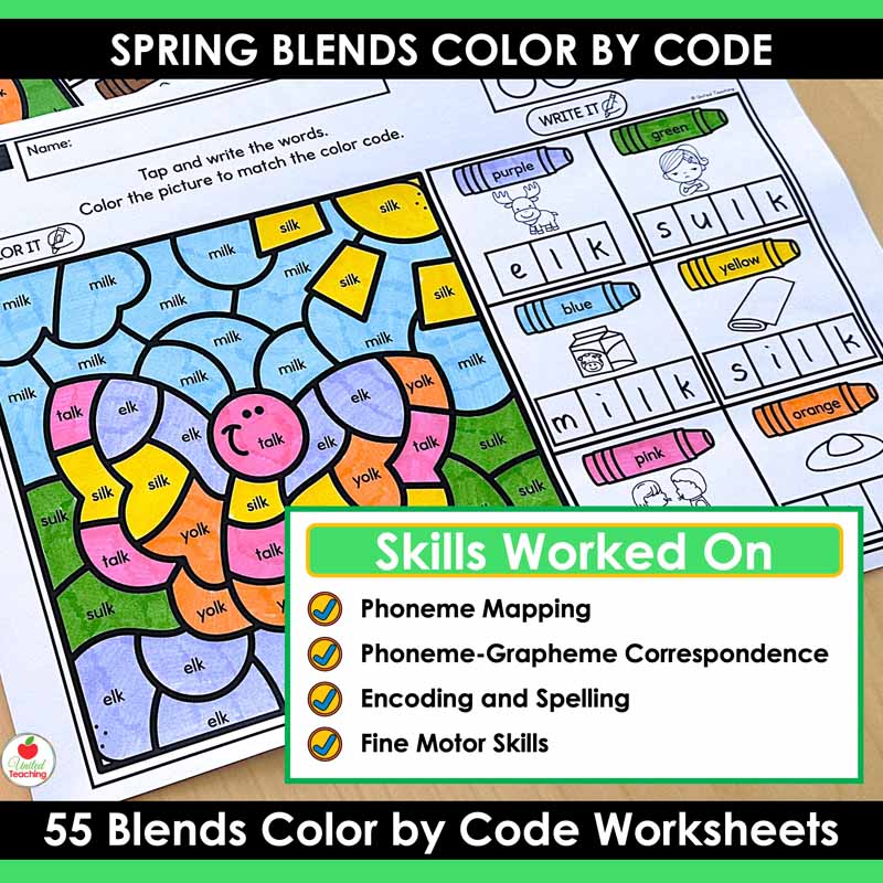 Skills worked on by the Blends Color by Code Spring Worksheets