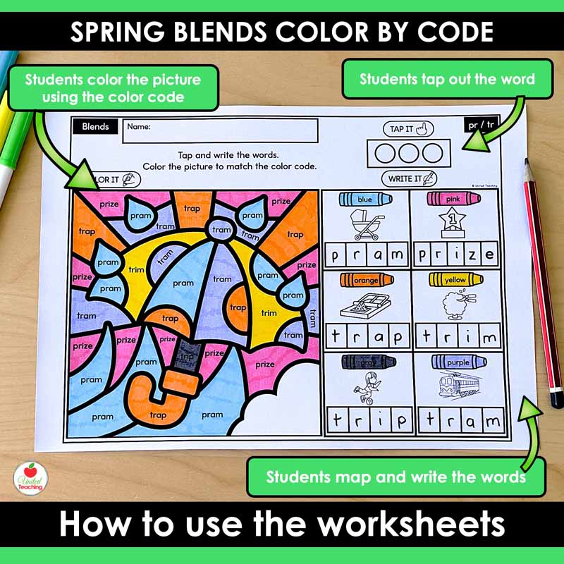 Blends Color by Code Spring Worksheet design features