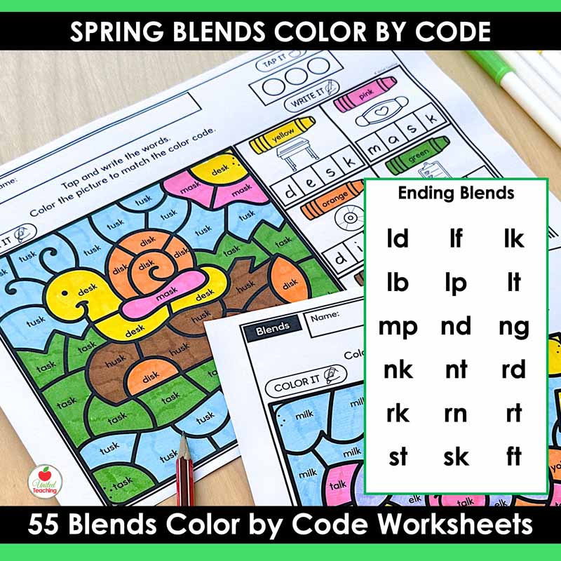 Ending blends covered by the Blends Color by Code Spring Worksheets packet.