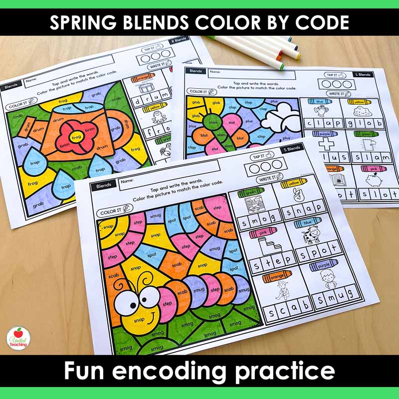Blends Color by Code Spring Worksheets
