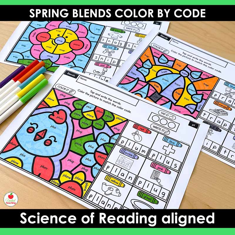 Blends Color by Code Spring Worksheets
