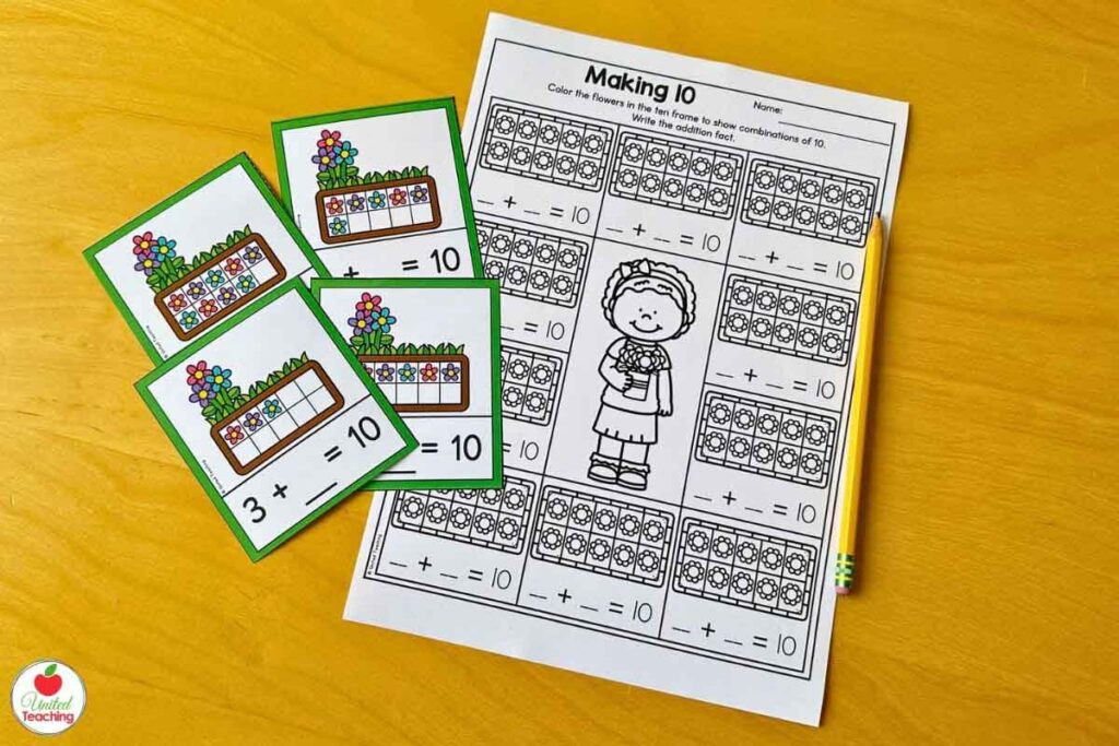 Making 10 spring task cards and math worksheet