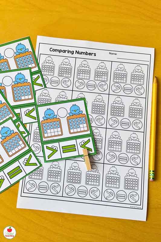 Number comparison spring clip cards and math worksheet