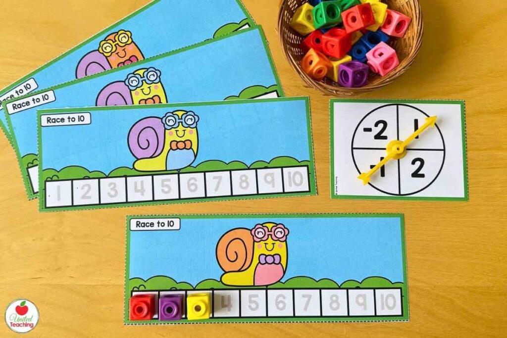 Spin and race to fill a number line Spring math center