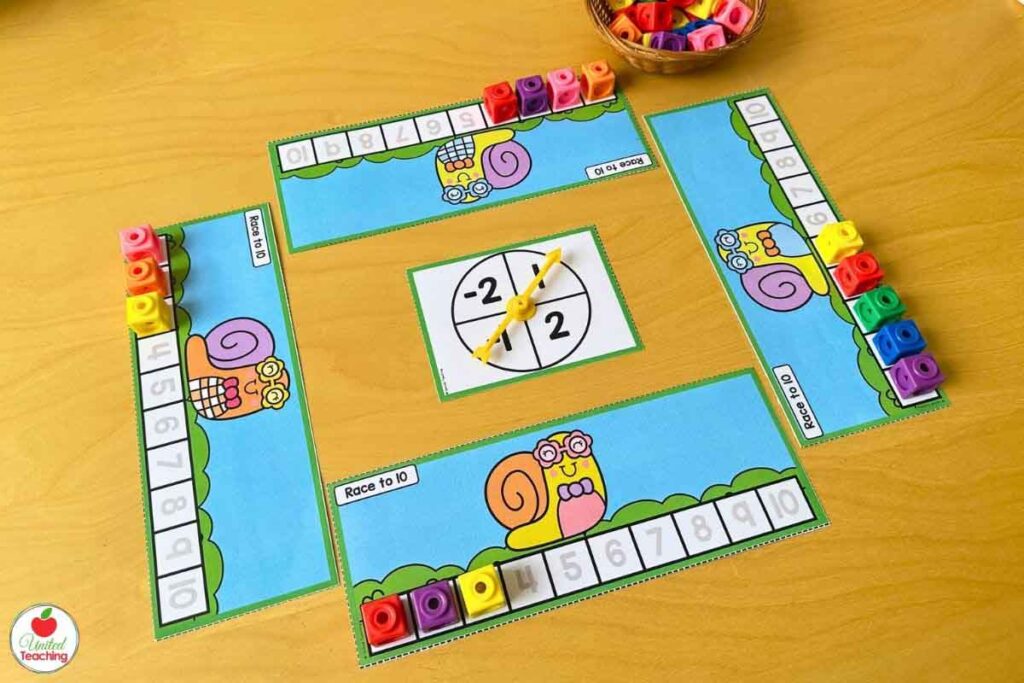 Spin and race to fill a number line 1 to 10 Spring math center