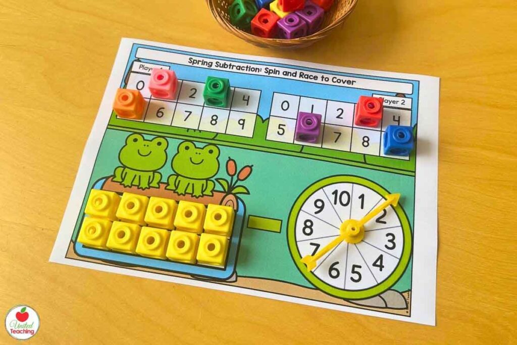 Spring spin, subtract and cover partner math game