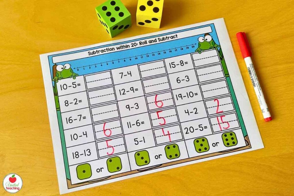 Subtraction roll and solve math game