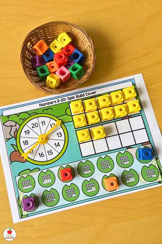 Spring ten frame math center for numbers 11 to 20 - students spin, build and cover a ten frame