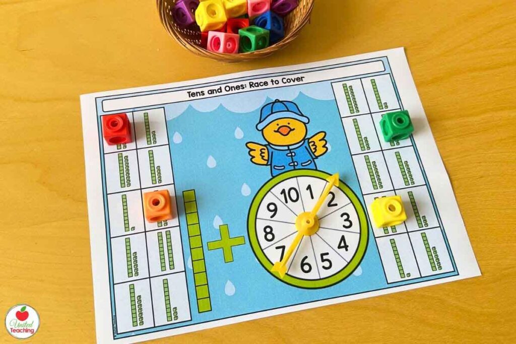 Tens and ones spin and build Spring partner math game