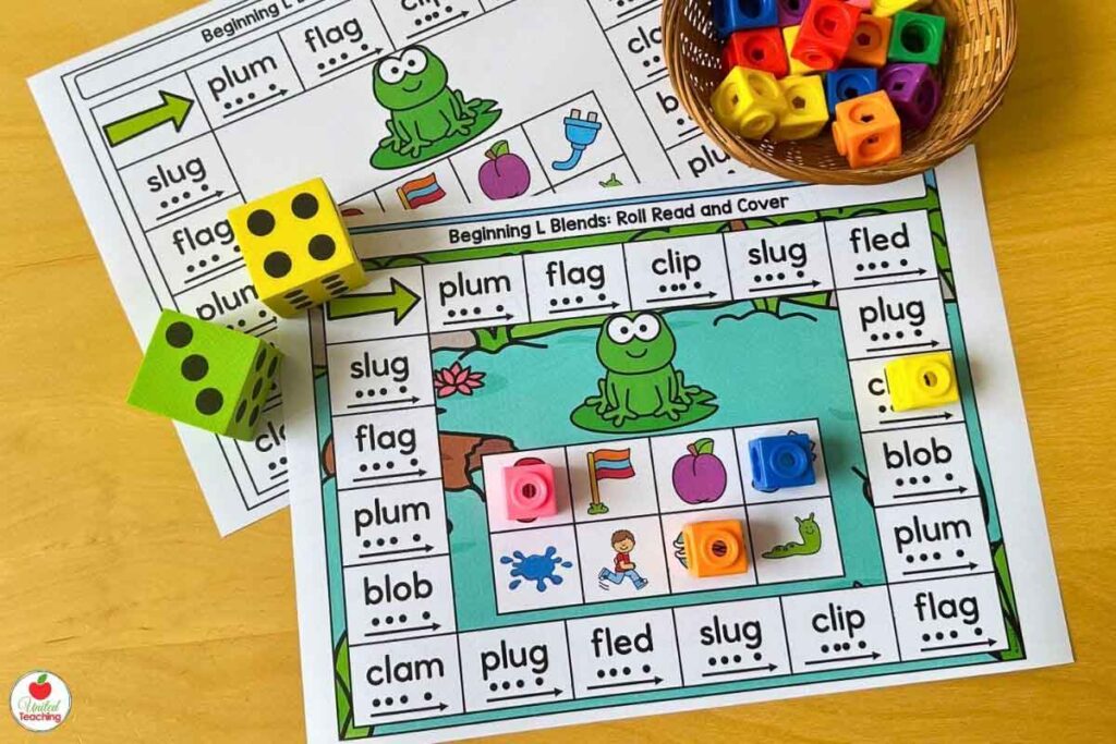 Beginning Blends Roll, read and cover spring game and worksheet