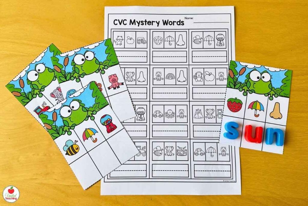 Spring cvc mystery word task cards and worksheet