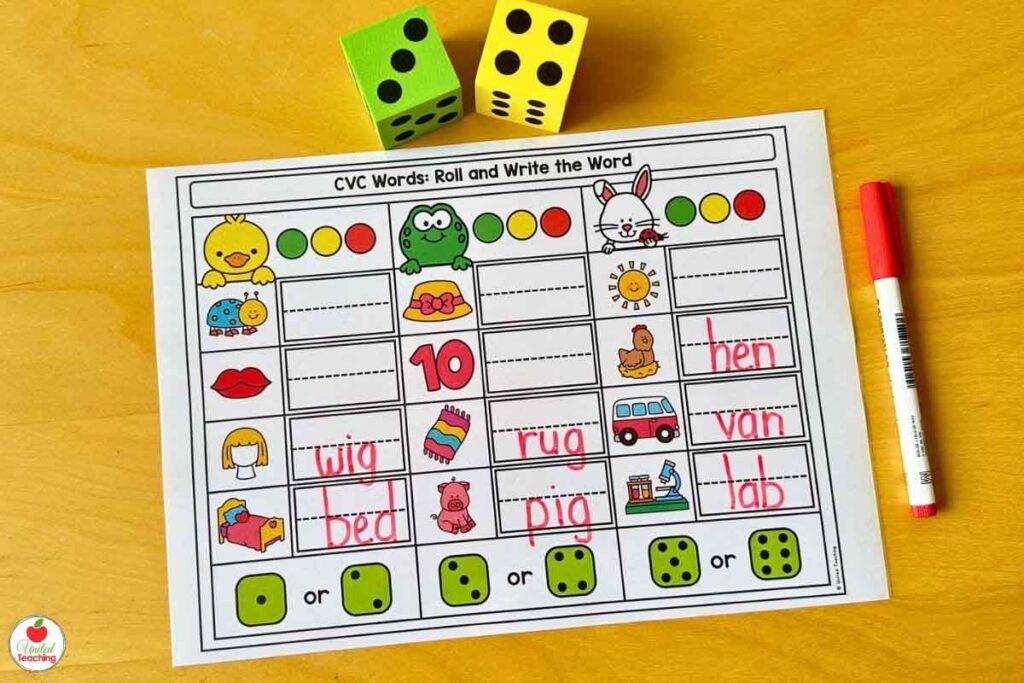 CVC words roll and write spring phonics center
