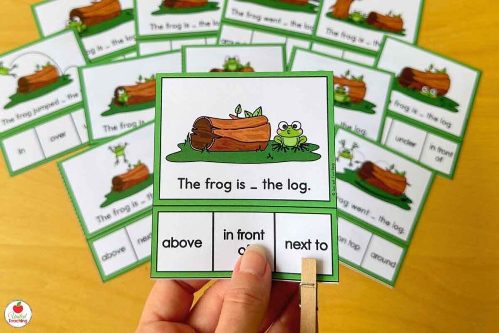spring preposition clip cards featuring a frog and a log