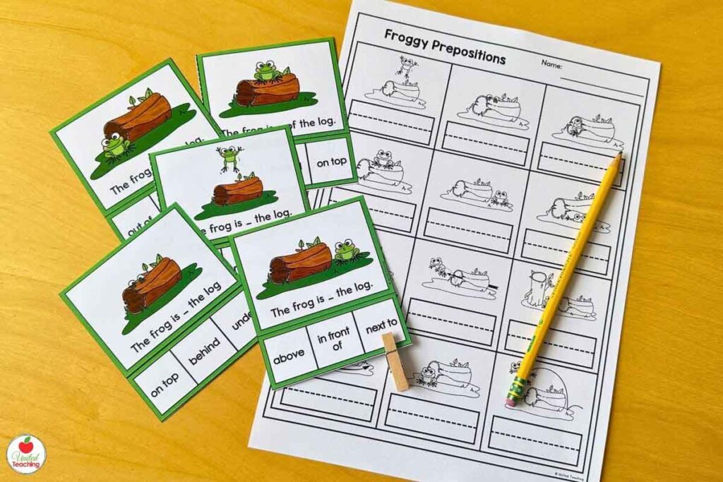 Spring frog presposition clip cards and worksheet