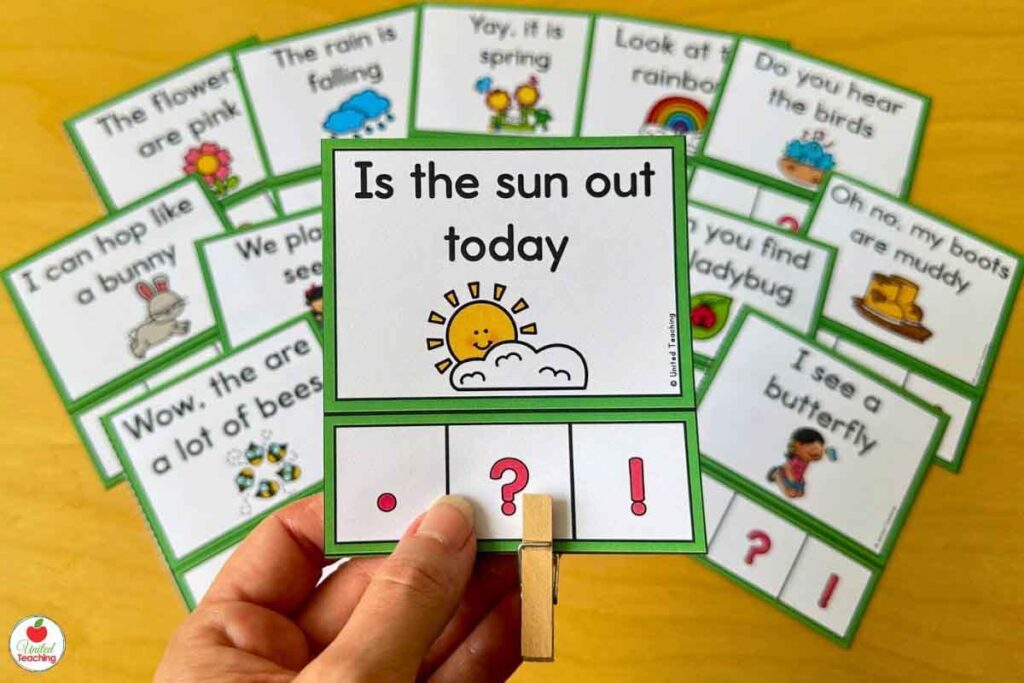 spring grammar clip cards for punctuation practice with spring themed sentences