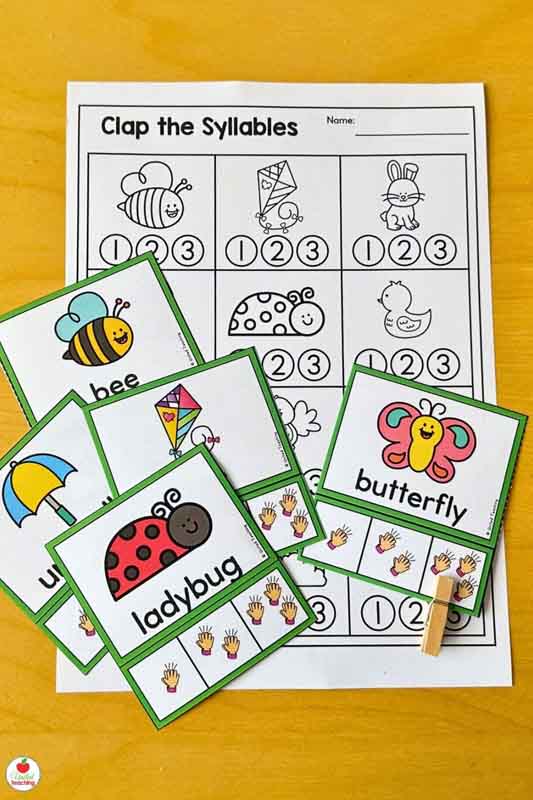 spring syllable clip cards and worksheet