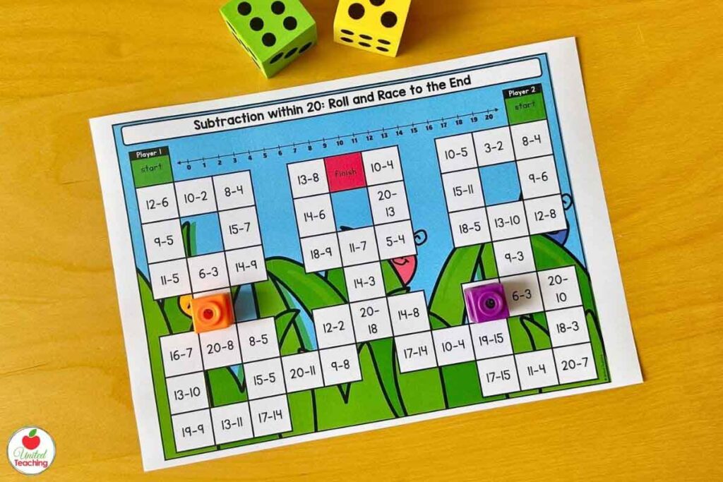 Subtraction within 20 partner math game for Spring math centers