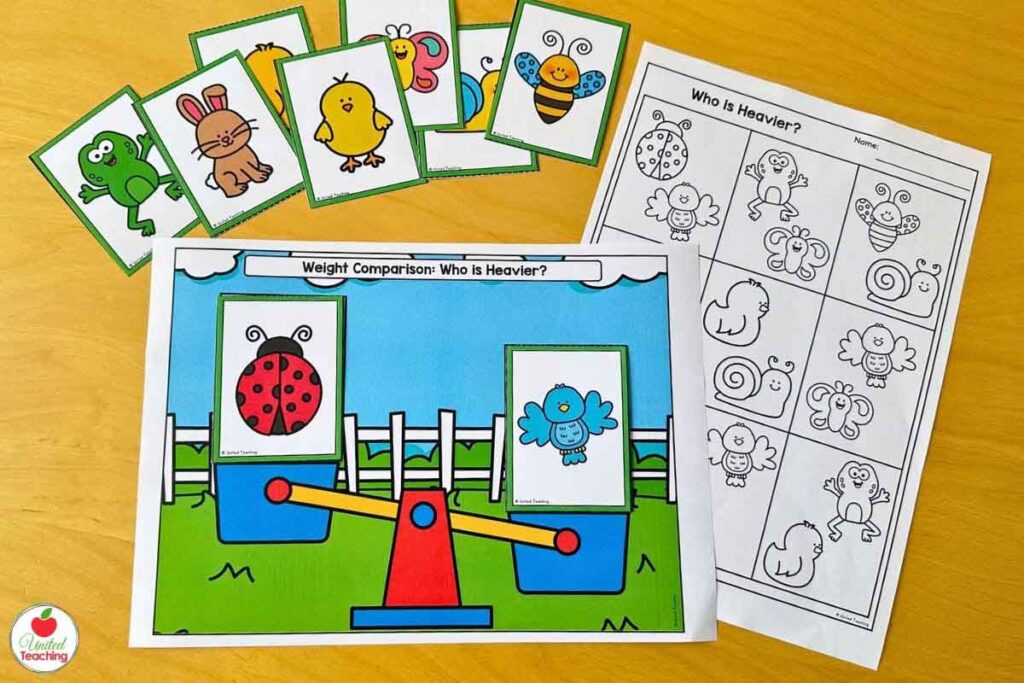 Spring weight comparison math center with mat and worksheet