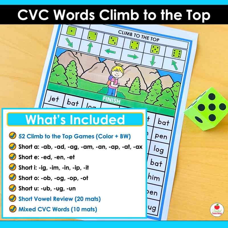 Whats included in the CVC Words Climb to the Top Games packet