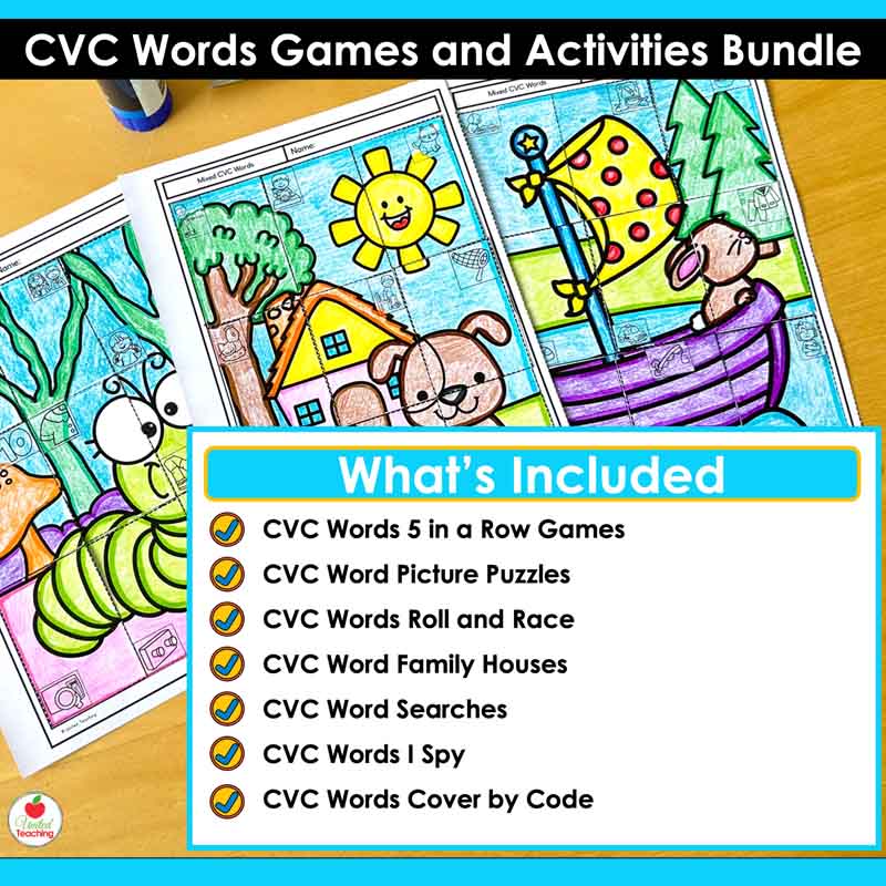What's included in the CVC Words Games and Activities Bundle