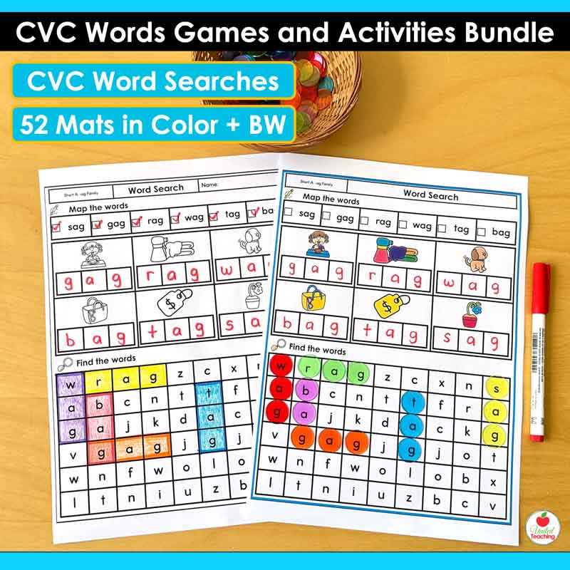 CVC Word Search Mats and Worksheets