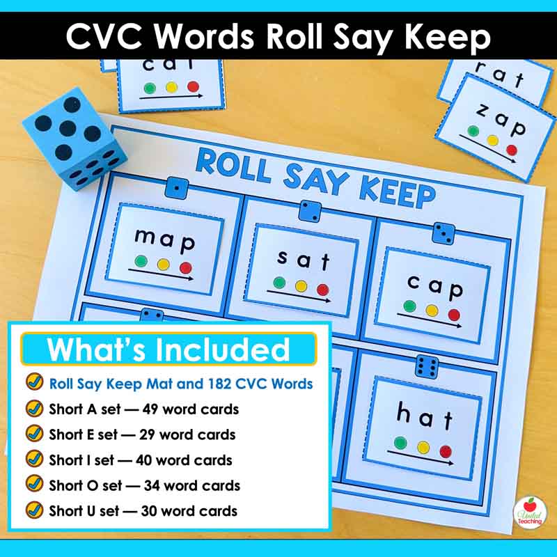 What's included in the CVC Words Roll Say Keep Game packet