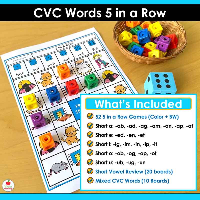 What's included in the CVC Words 5 in a Row Games packet