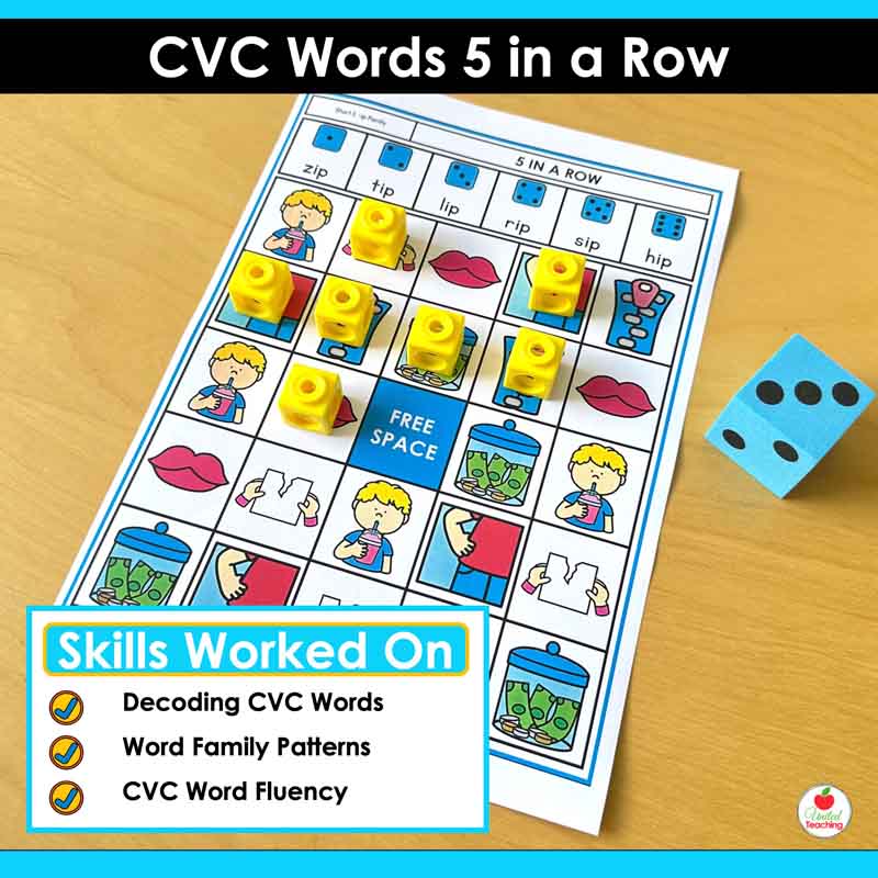 Skills worked on by the CVC Words 5 in a Row Games
