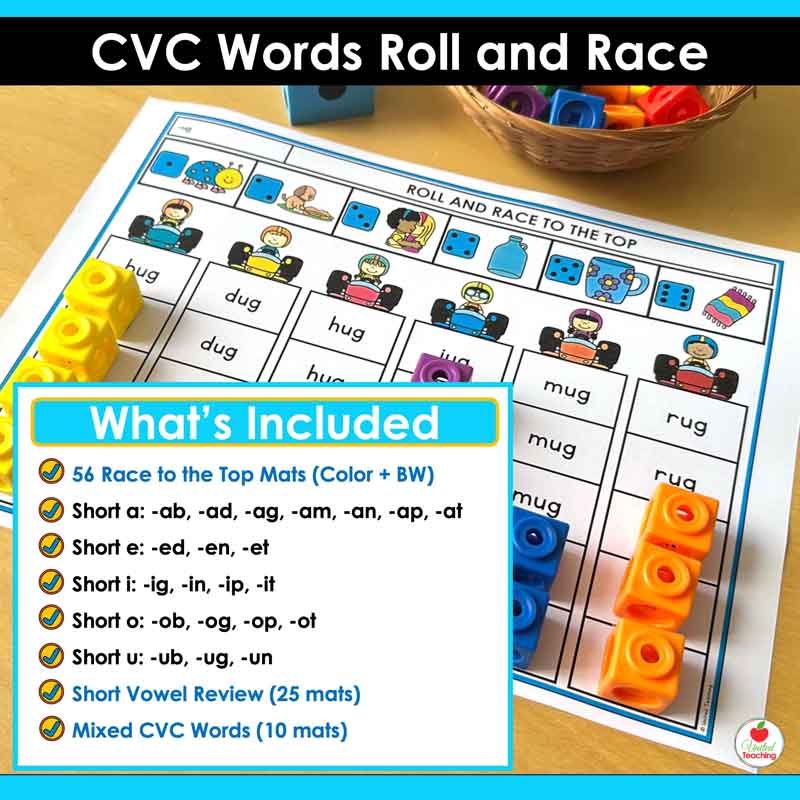 What's included in the CVC Words Roll and Race to the Top Games