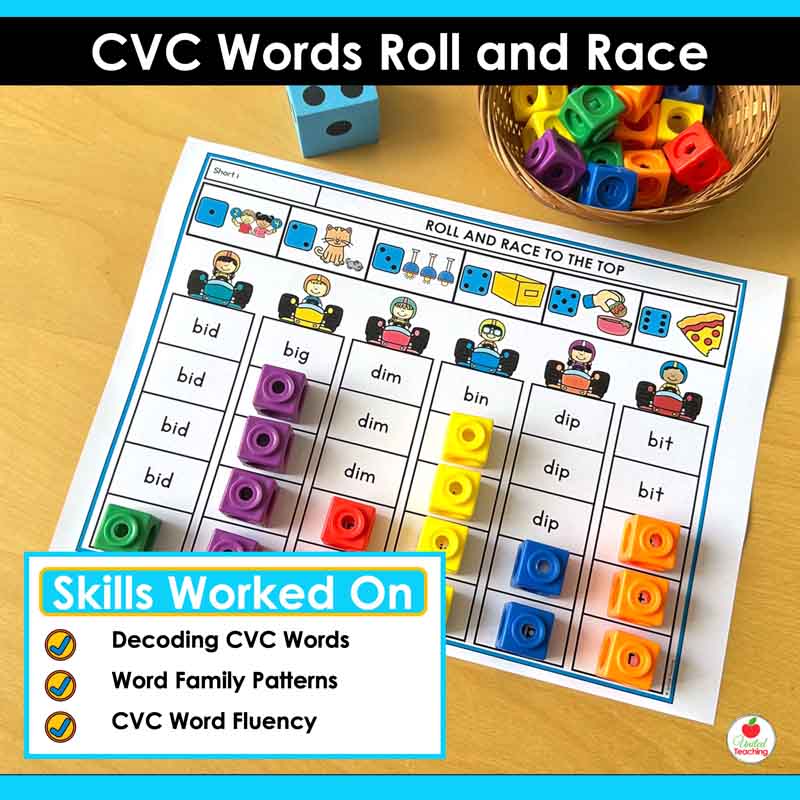 Skills worked on by the CVC Words Roll and Race to the Top Games