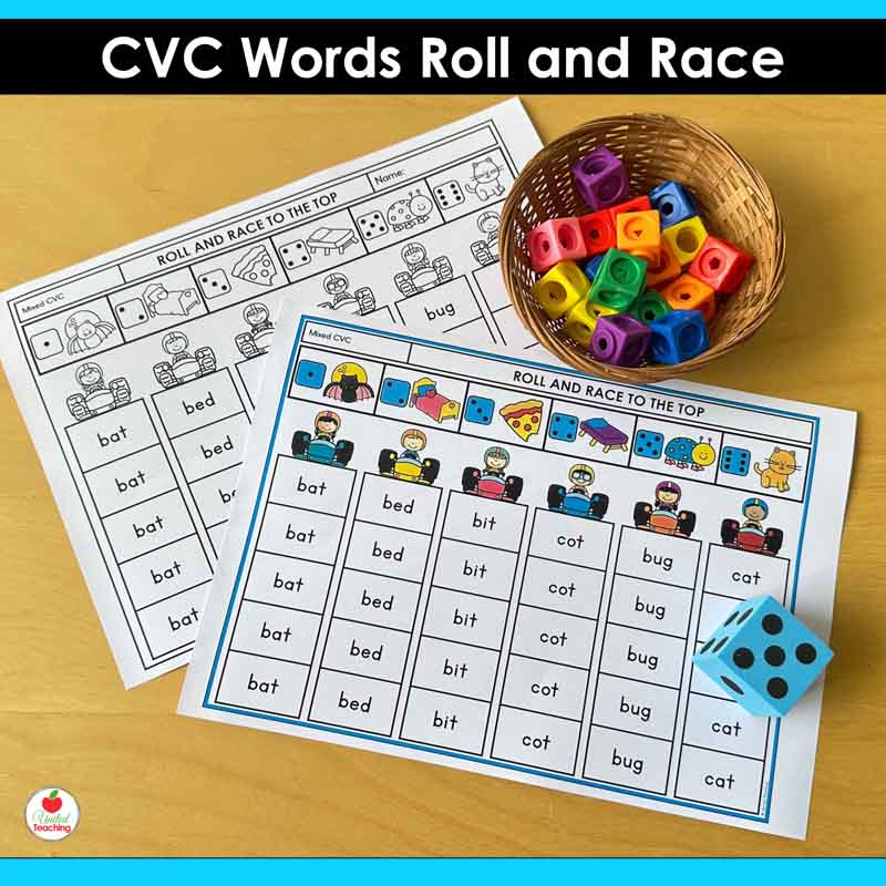 CVC Words Roll and Race to the Top Games in color and BW