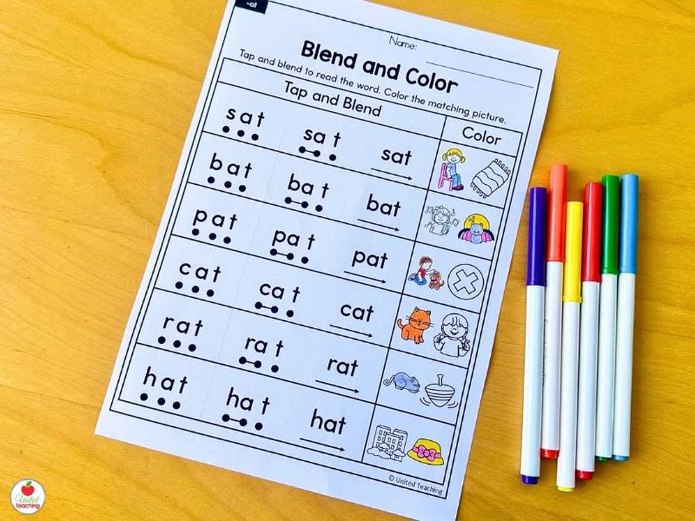 CVC Words Tap Blend and Color worksheet for practising successive blending in kindergarten