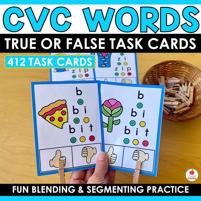 CVC Words True or False Task Cards for practising successive blending and cvc word fluency