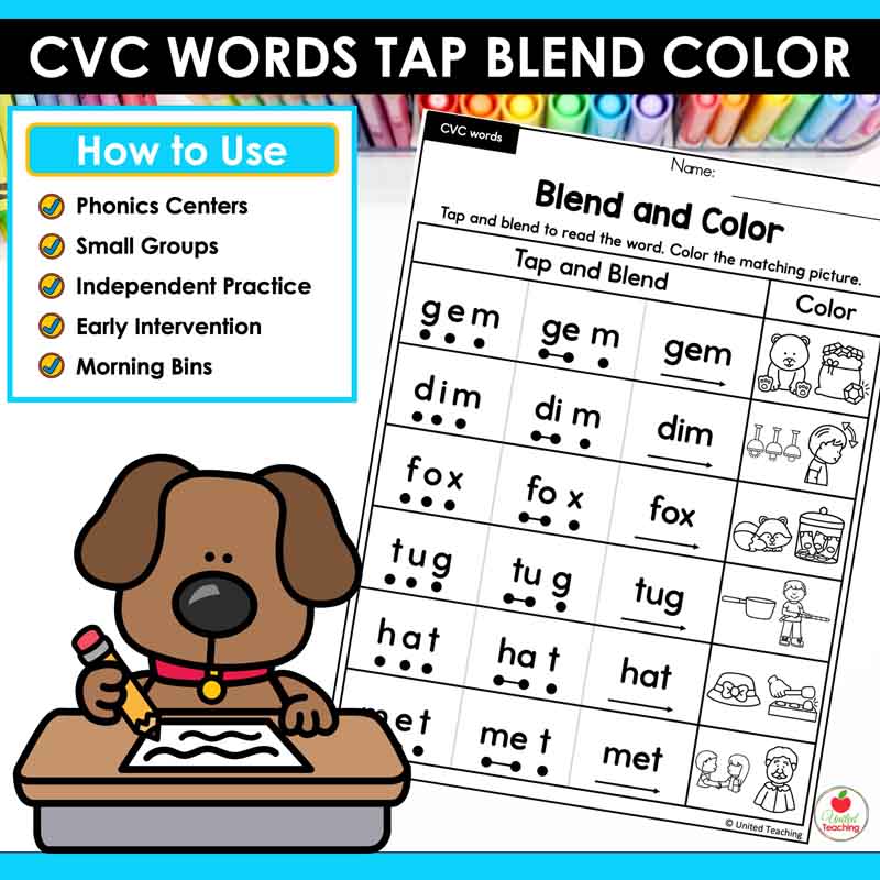 How to use the CVC Words Tap Blend Color worksheets packet