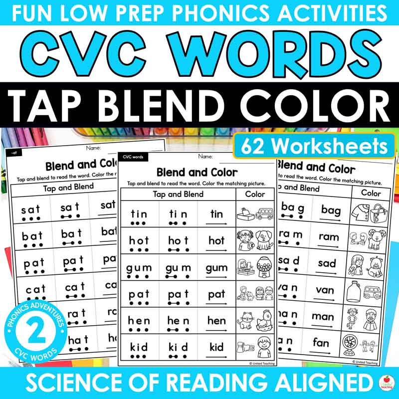 CVC Words Tap Blend Color worksheets cover