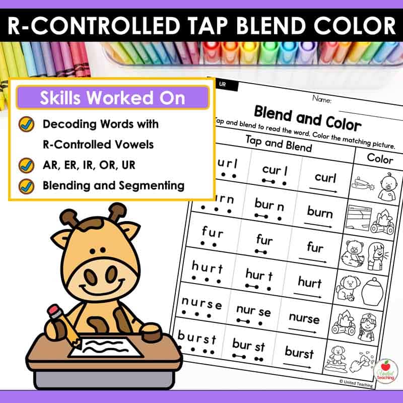 Skills worked on by the R-Controlled Vowels Tap Blend Color Worksheets