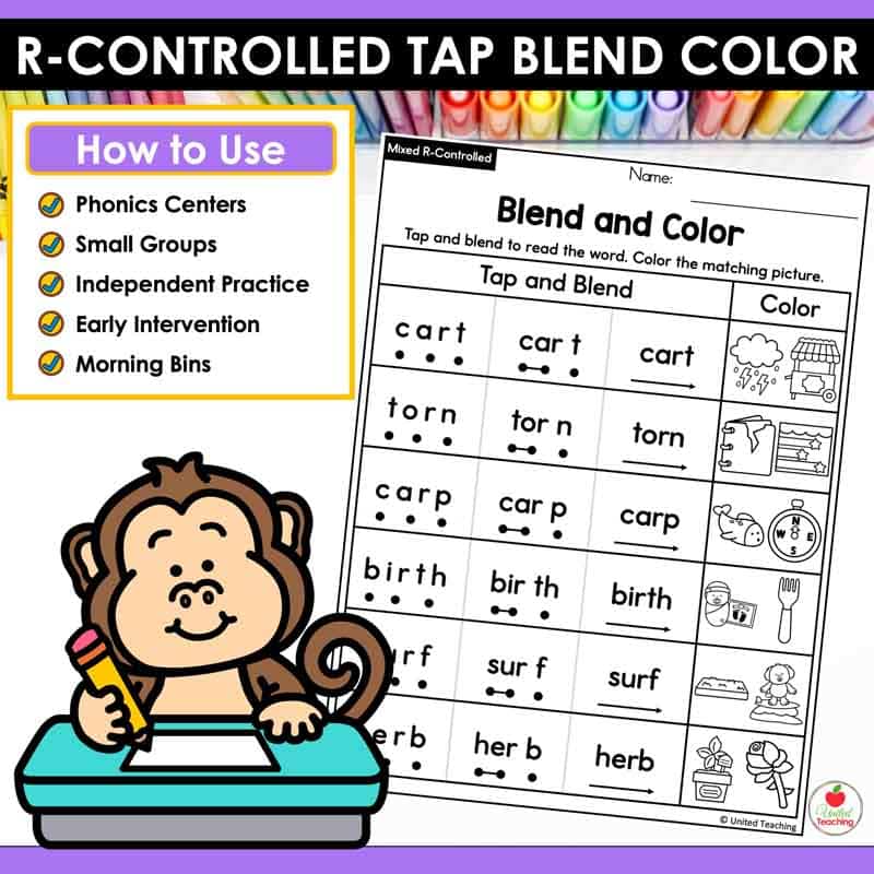 How to use the R-Controlled Vowels Tap Blend Color Worksheets