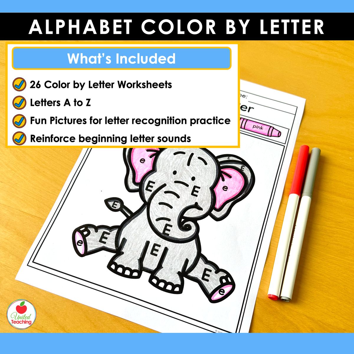 What's included in the Alphabet Color by Letter Picture Worksheets packet